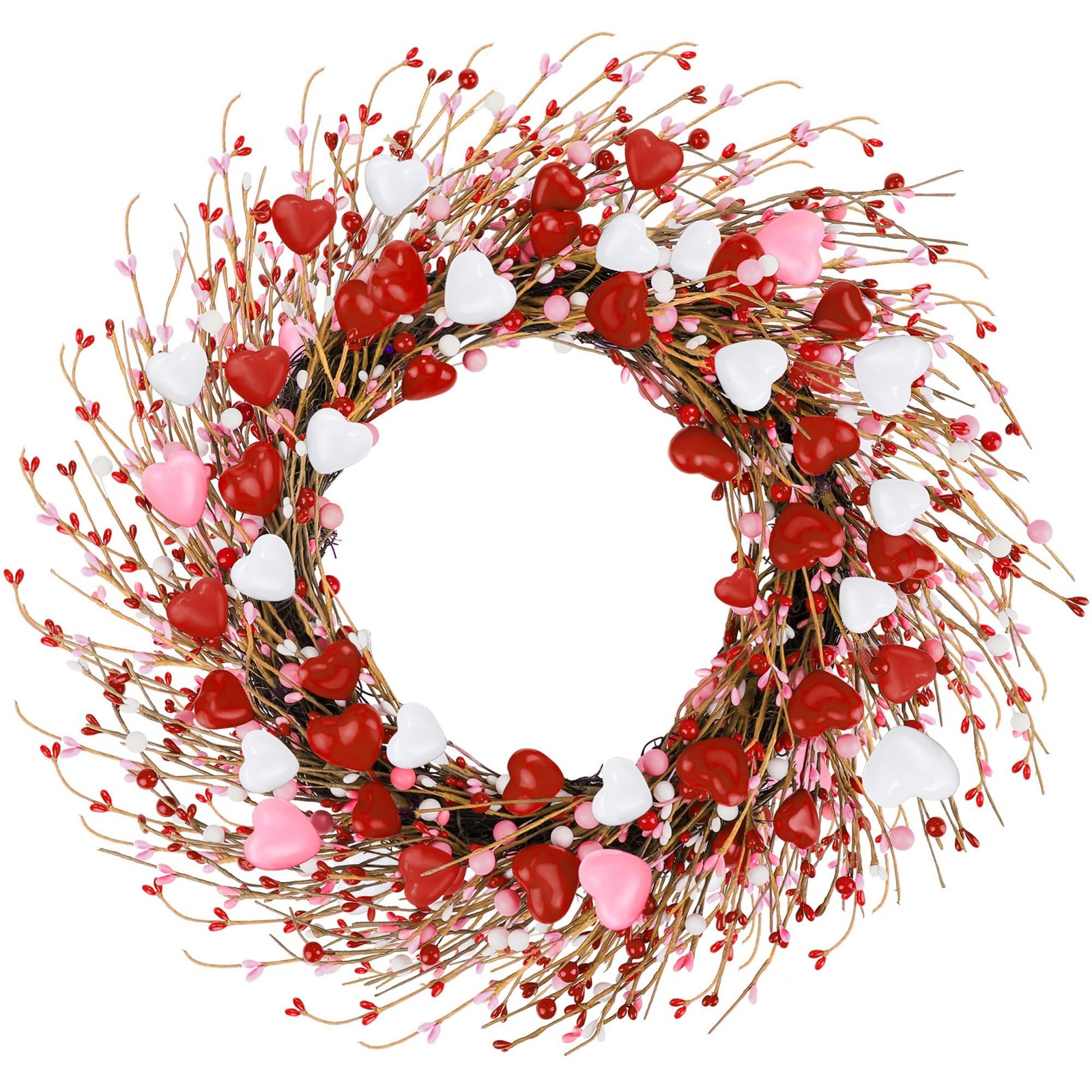 ANVAVO Valentine’s Day Wreath 26 Inches Red Pink and White Heart Berries Artific