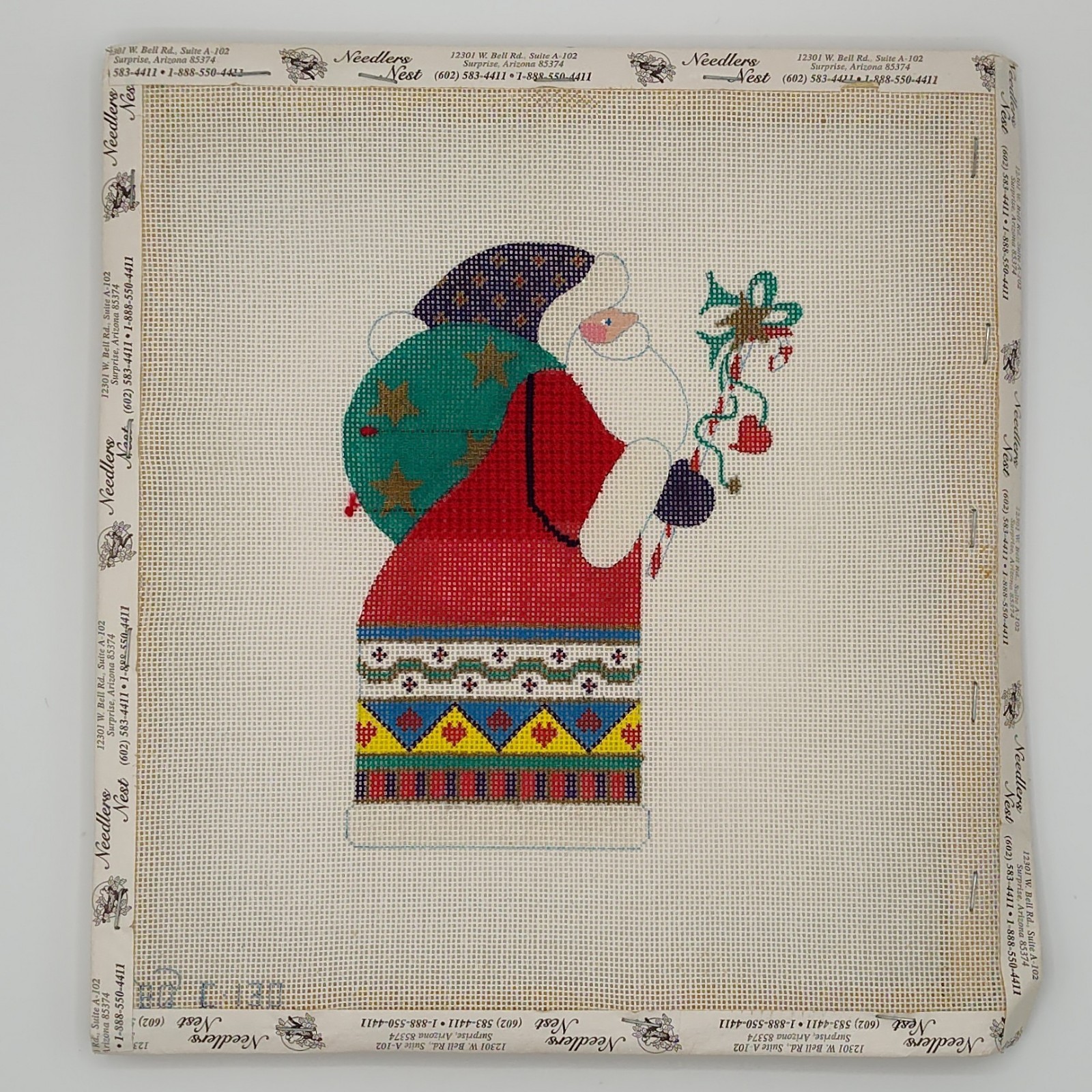 Colorful Santa Heart Candy Cane Hand Painted Needlepoint Canvas Signed USED