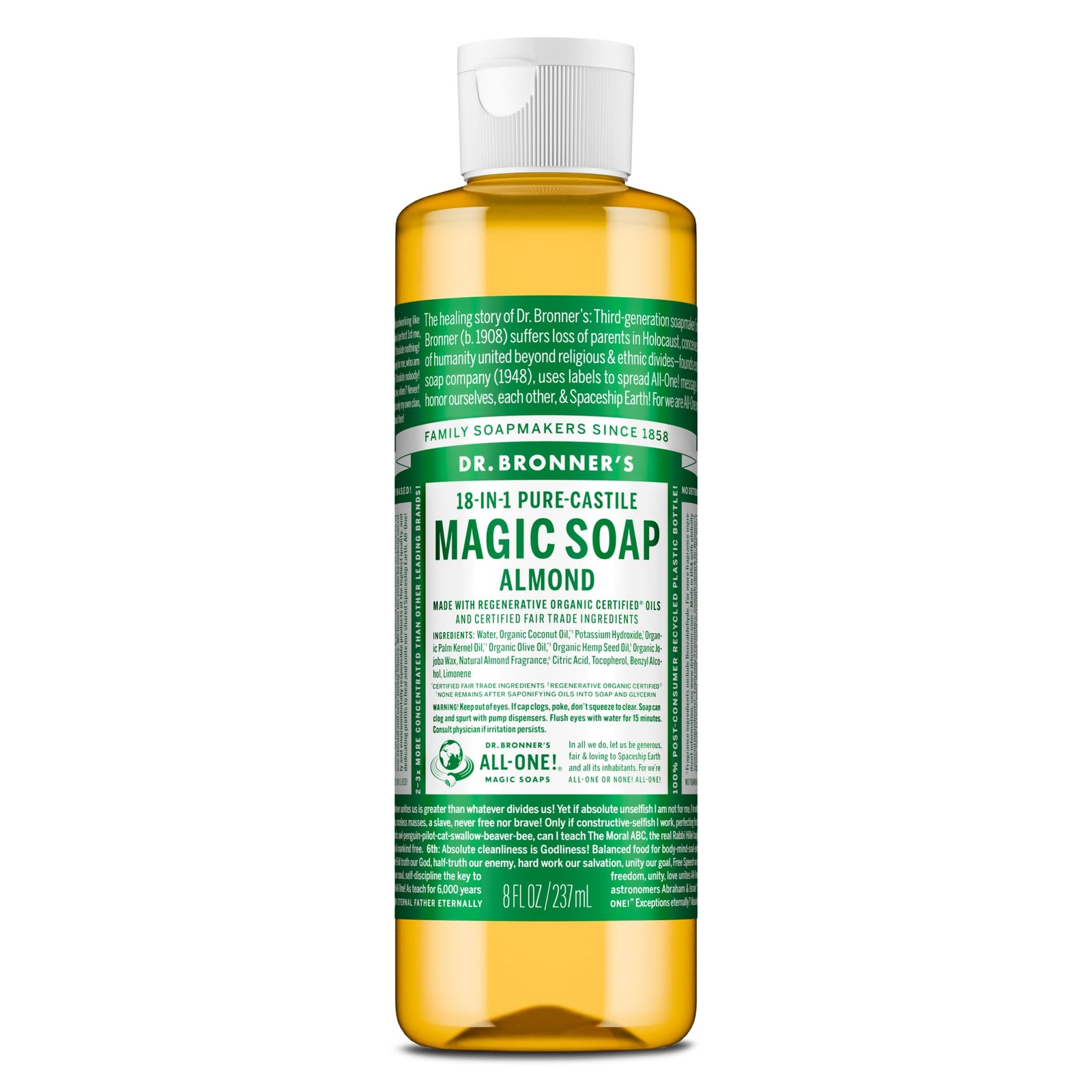 Dr. Bronner's Pure-Castile Magic Soap Liquid 8 Fl Oz (Pack of 1), Almond