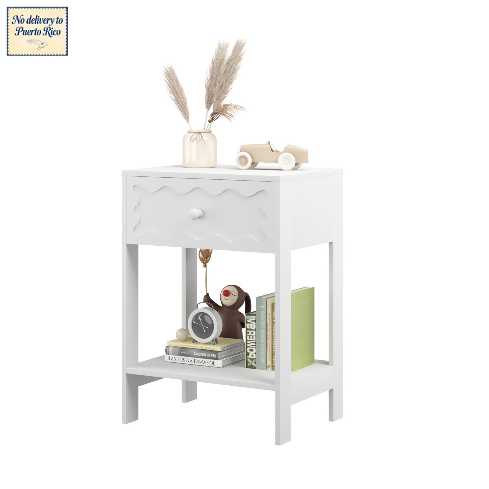 Modern Nightstand with Wave Pattern Drawer, Bedside Table with Solid Wood Frame