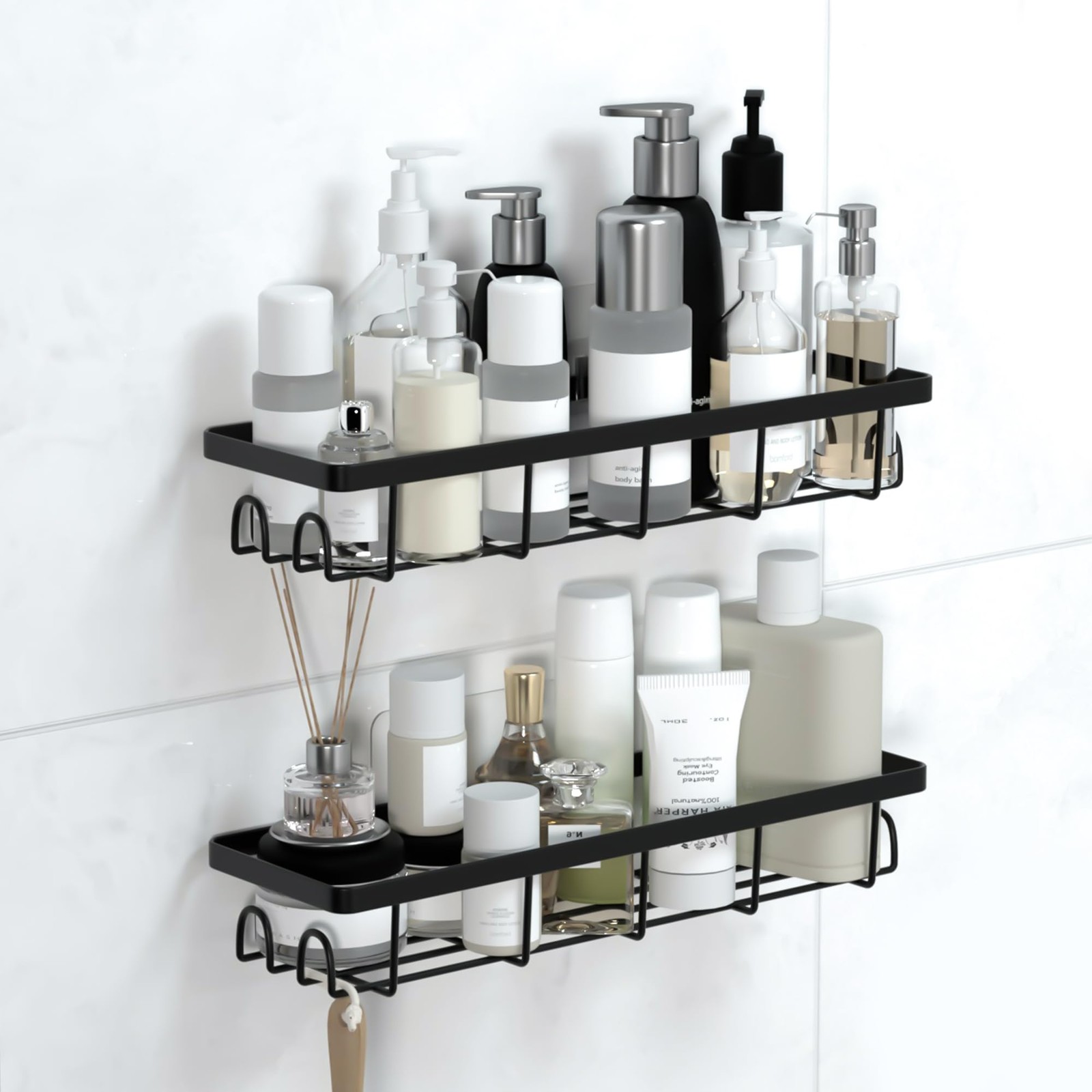 Uninol Shower Caddy Organizer with Hooks,Self Adhesive Bathroom 2 Pack, Black