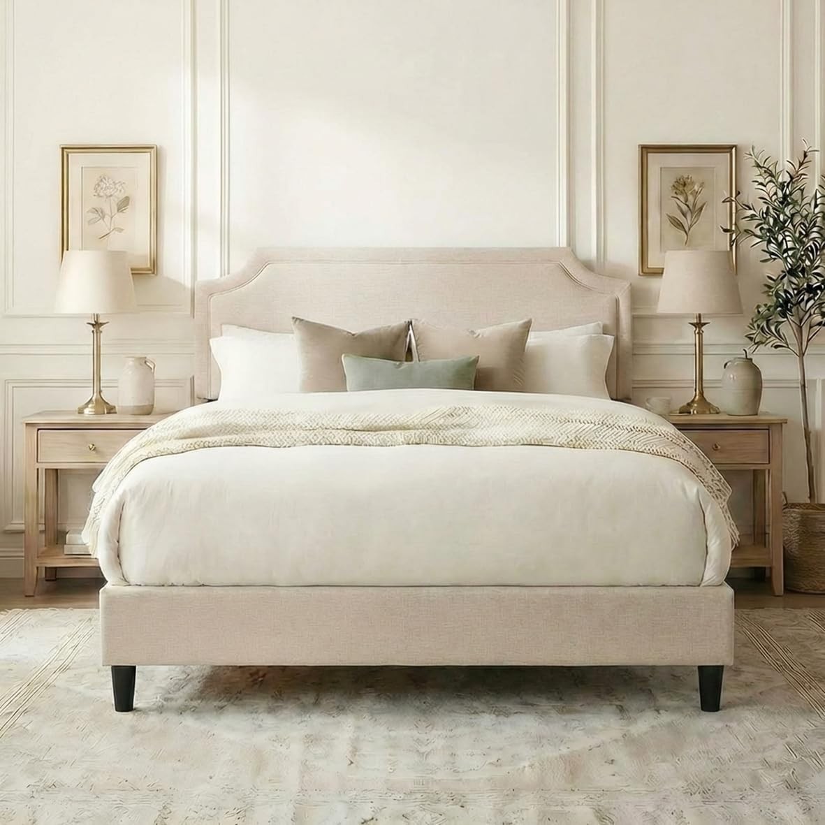 Chenille Queen Size Bed Frame with Belgrave Headboard Beige | Platform Bed with