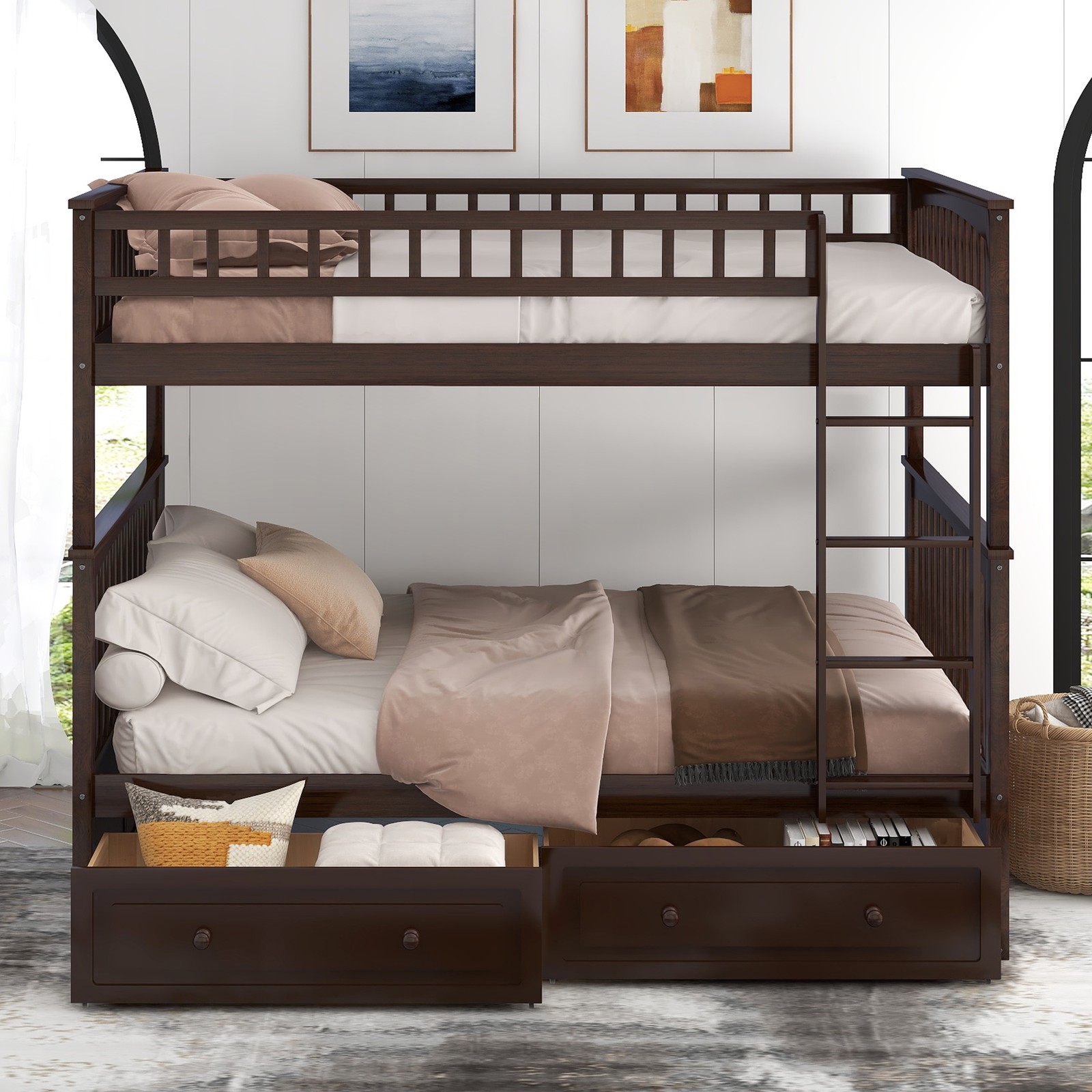 Full over Full Bunk Bed with Drawers, Convertible Beds, Espresso