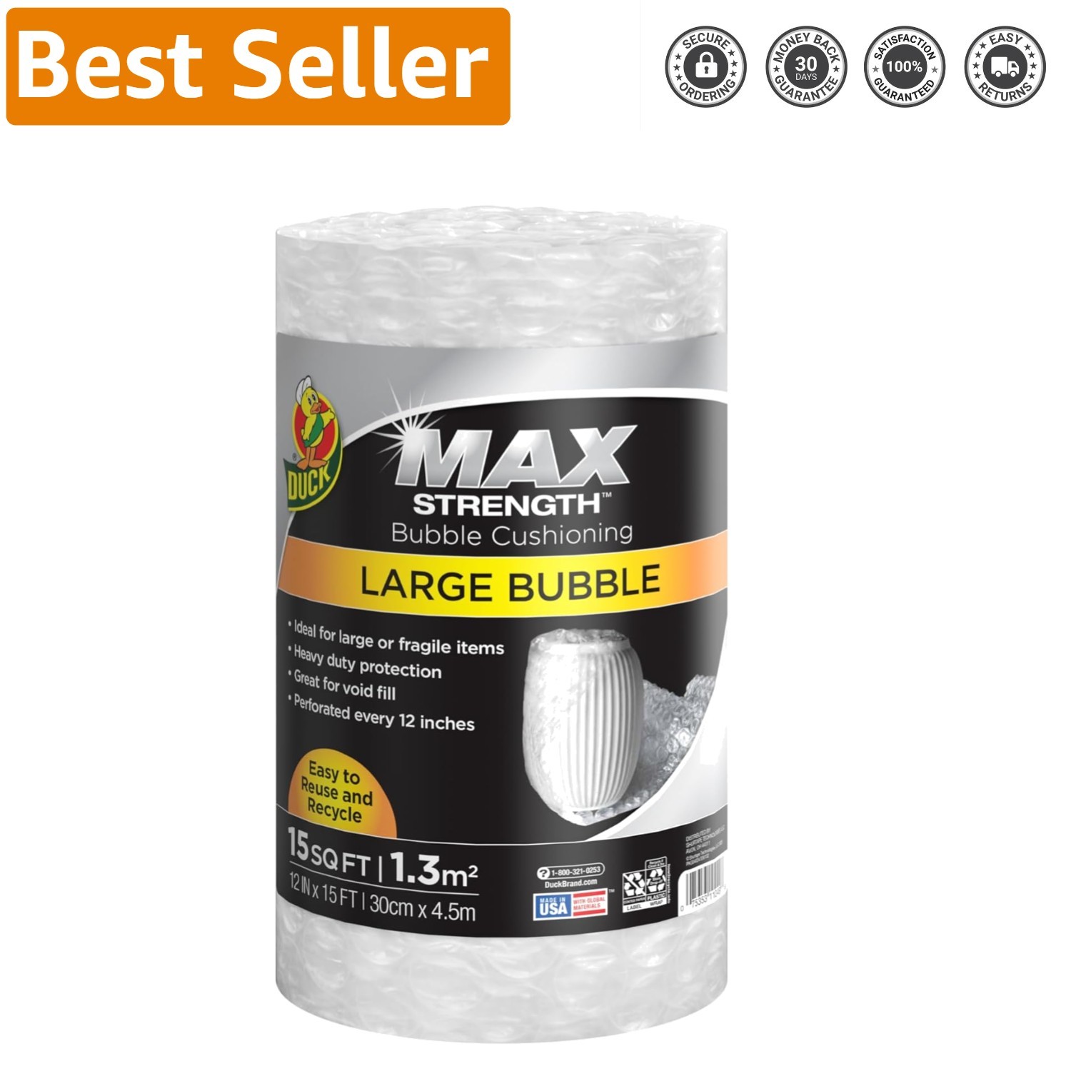 Max Strength 15 FT Large Bubble Cushioning Wrap - Heavy Duty Protection