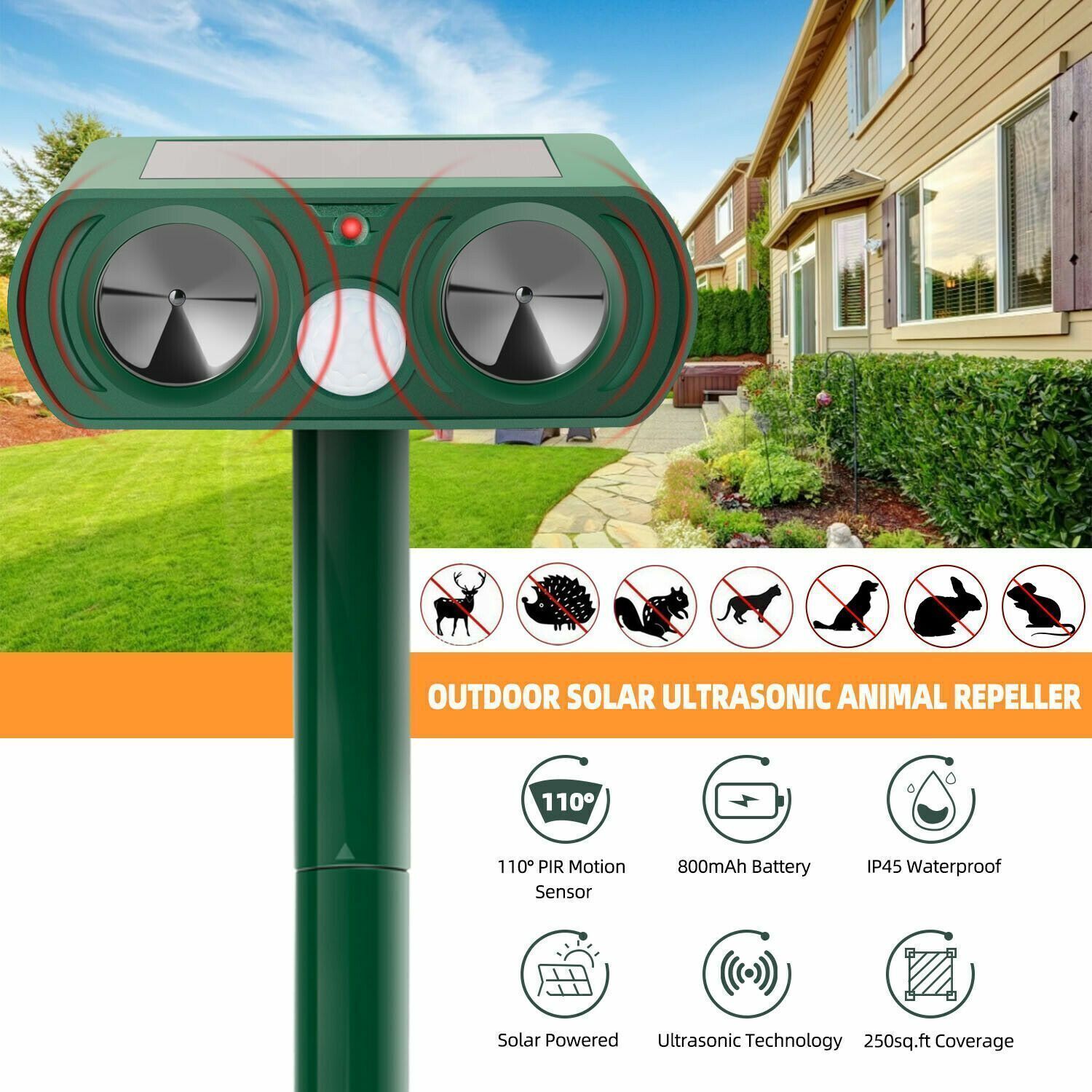 Upgraded Solar Ultrasonic Animal Repellent Dog Cat Skunk Deer Raccoon For Garden
