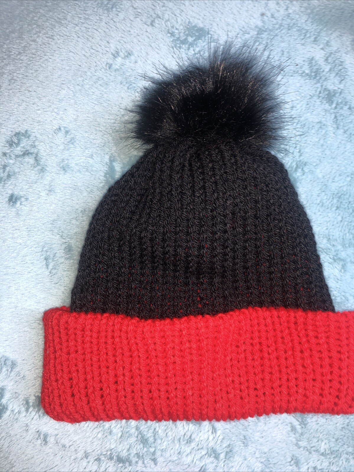 Knitted Adult Size Black And Red Hat For Men Or Women Acrylic Yarn Puffy Pom Pom