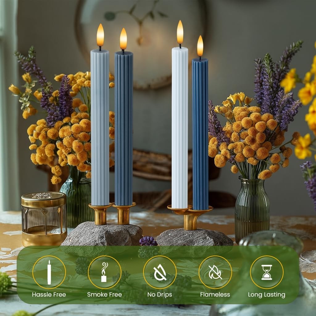 4 Pack 10" Overcast Blue LED Flameless Taper Candles with Remote & Timer