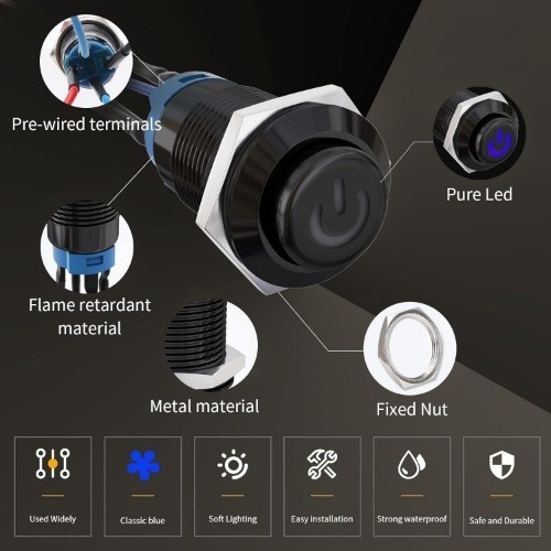 5PCS 12mm Latching LED Push Button Switch Mini Round Black Shell with Pre-Wired,