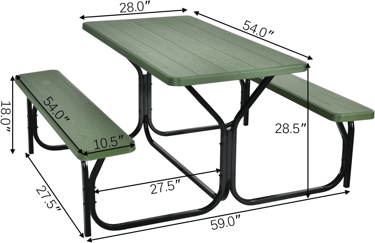 Picnic Tables, Rectangular Picnic Table with Steel Frame, 2 Benches Set, HDPE