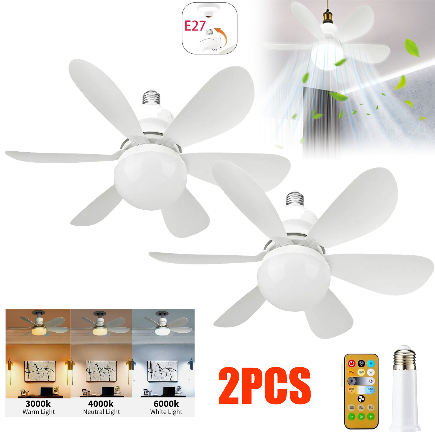 2PCS Socket Ceiling Fans with Lights & Remote Socket Fan light with Dimmable Led