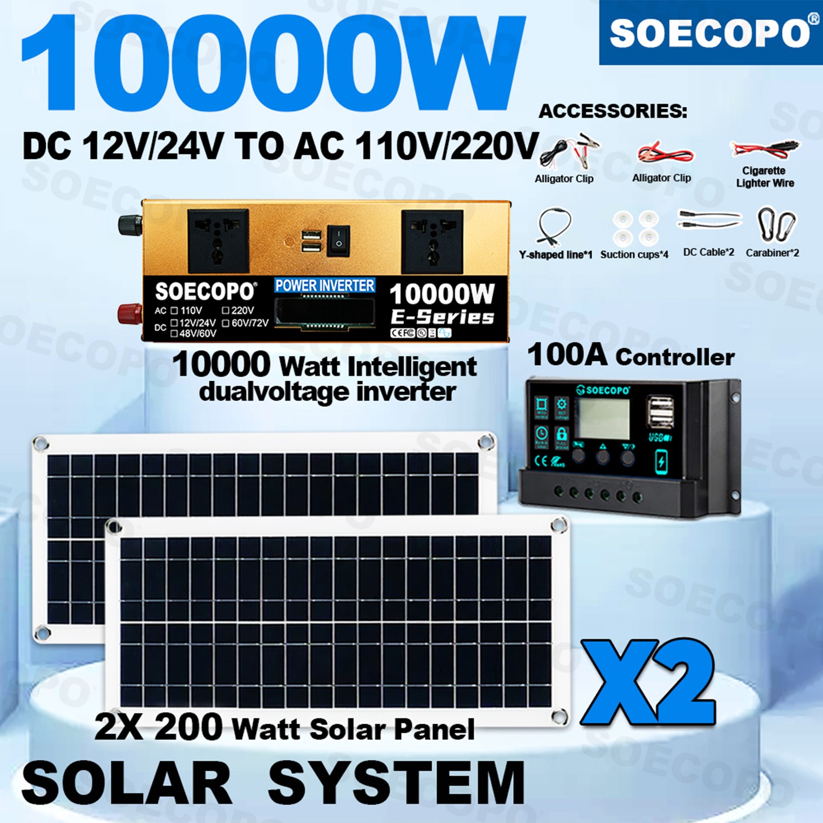 10000W Solar Kit | Includes Inverter, 2pcs 200W Solar Panels, 100A Controller