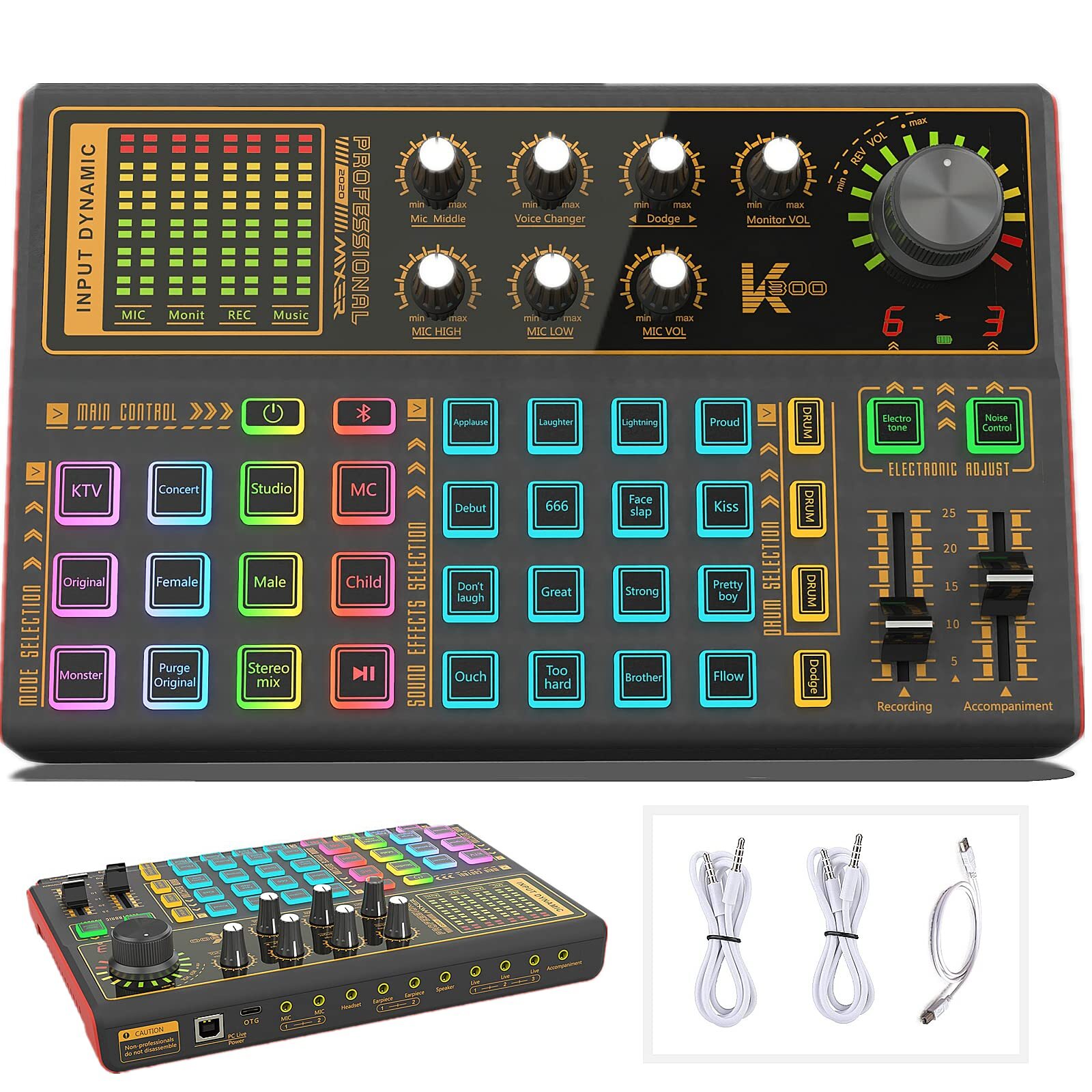 Sound Mixer Board LED Light Voice Changer Sound Card with Multiple Sound Effe...
