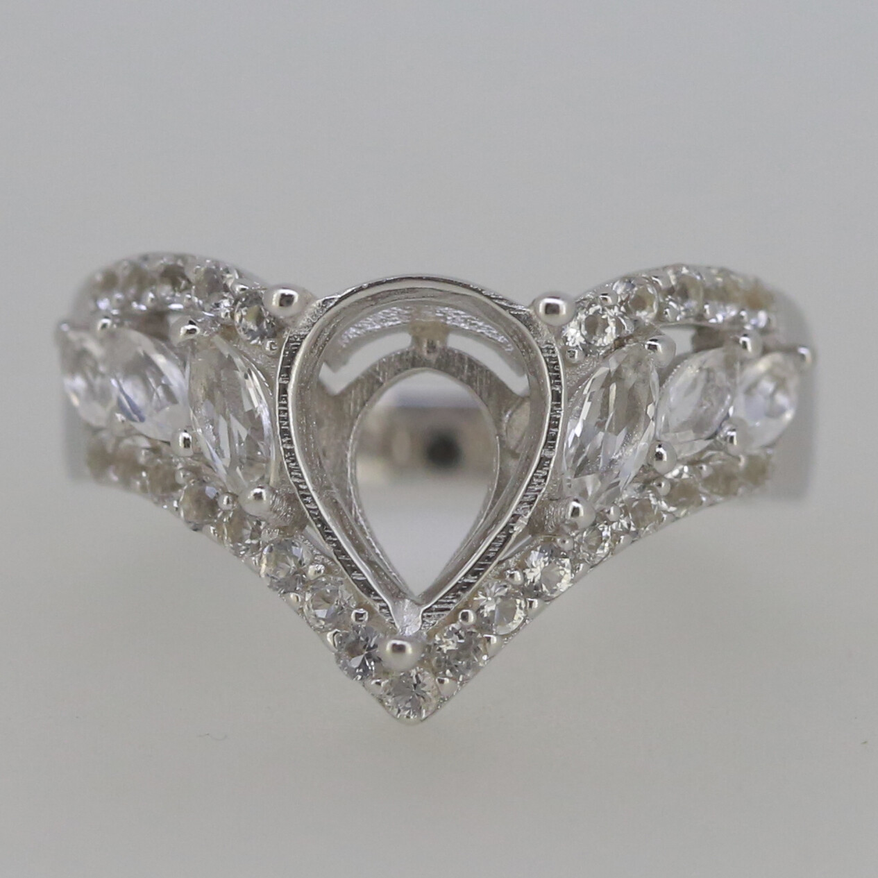 Sterling Silver Semi Mount Ring Setting Pear PE 10x8mm Tiara Design White Topaz