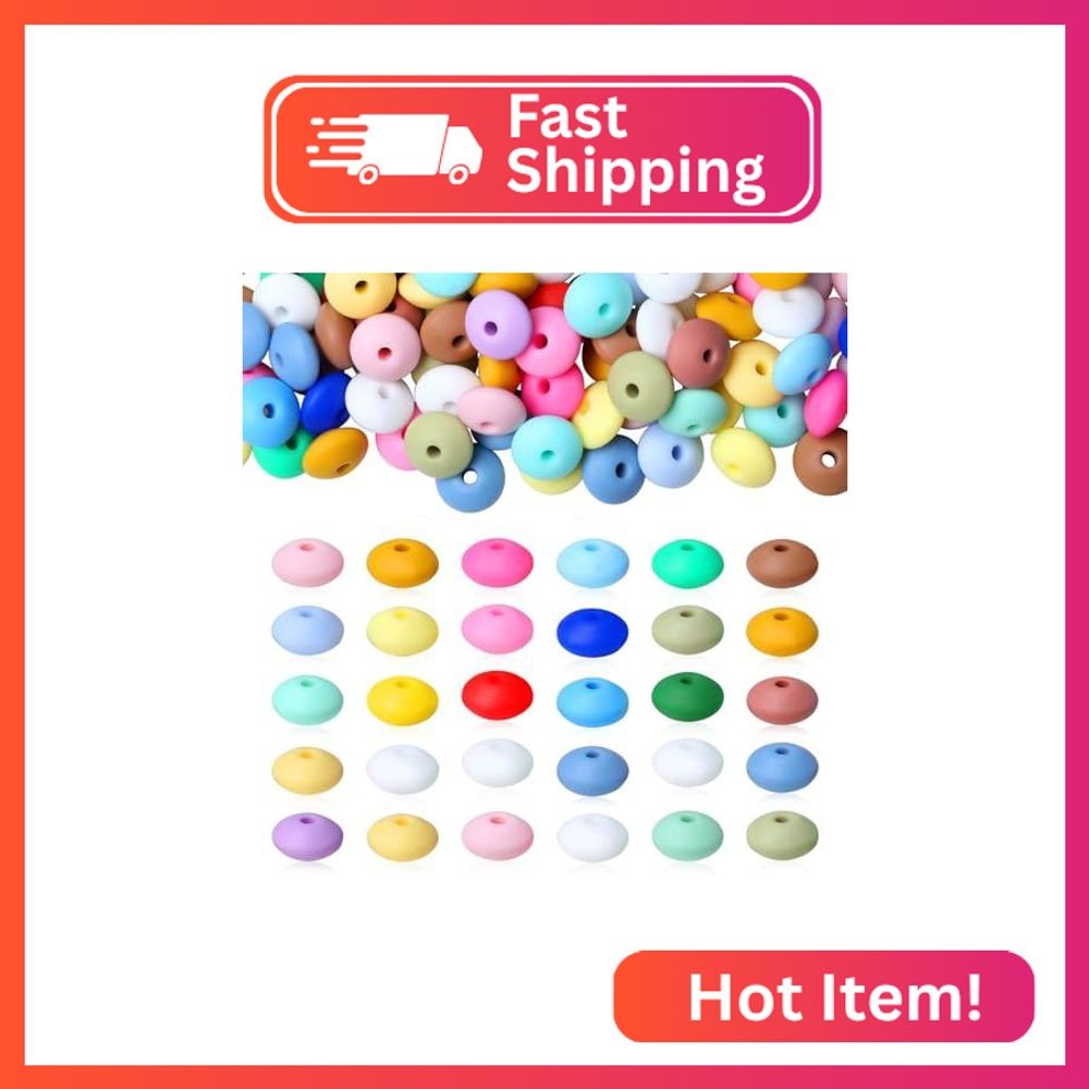 NUKAYAI 200Pcs Silicone Lentil Beads, 12mm 23 Colors Silicone Focal Bead Bulk Lo