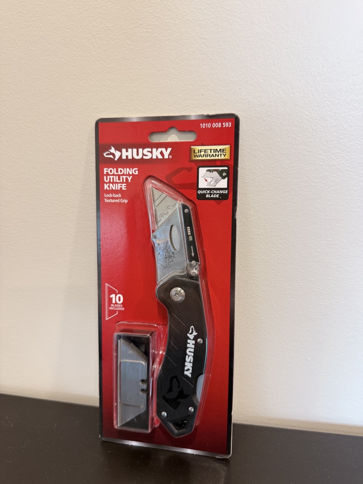 Husky Black Folding Utility Knife Lock-Back Textured Grip 10 Blades Included