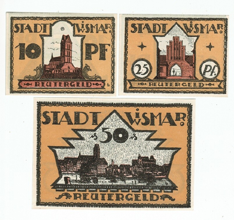 SET OF 3 GERMANY NOTGELD 10.25.50 PFENNIG STADT-WISMAR 1921 UNC