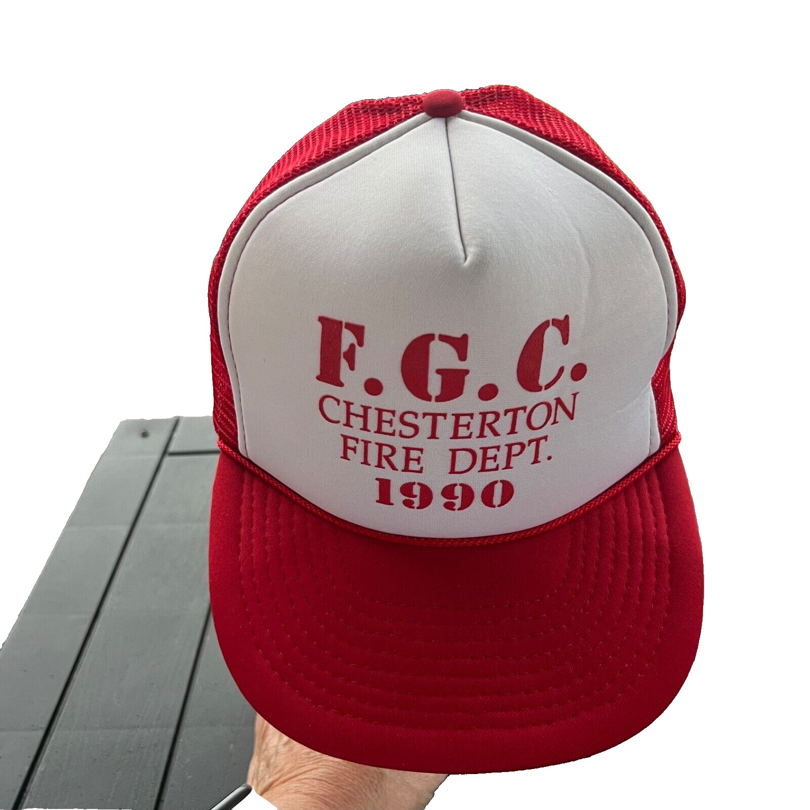F.G.C. Chesterton Fire Dept. Red Hat Cap Foam Trucker Snapback EUC