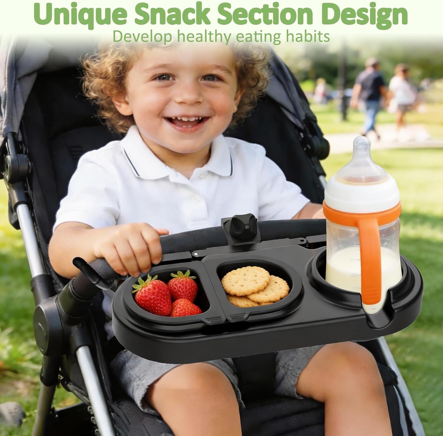 Universal Stroller Snack Tray with 3 Detachable Silicone Bowls, Anti-Slip Silico