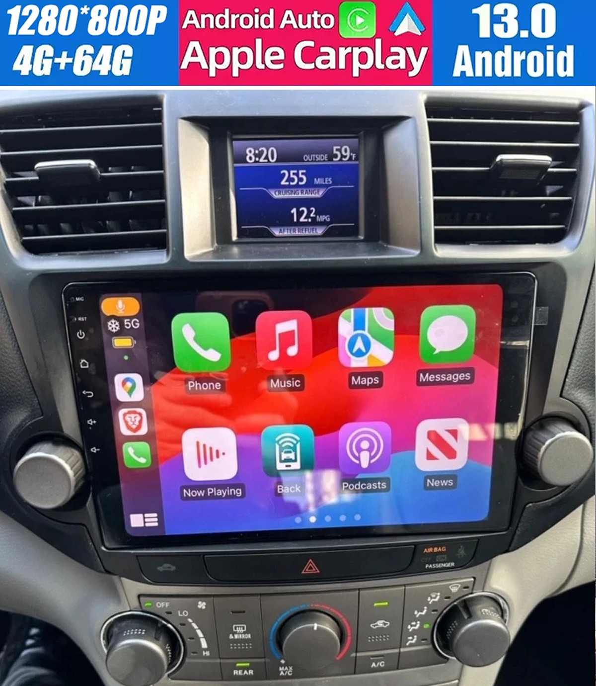 JBL For Toyota Highlander 2008-2013 Carplay Android 13.0 Car Radio GPS 4+64GB