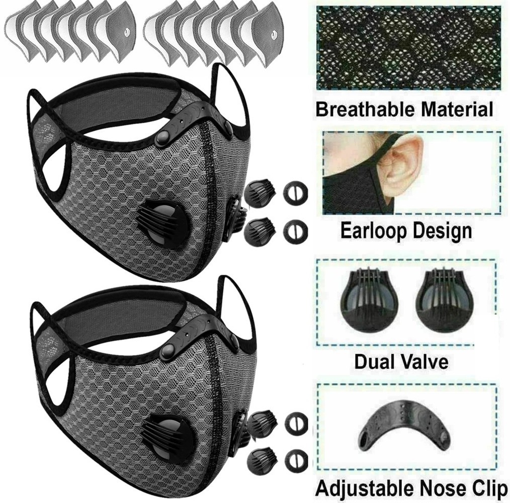 Breathable Carbon Filter Face Masks (2-Pack) - Sport/Outdoor Use with Valve