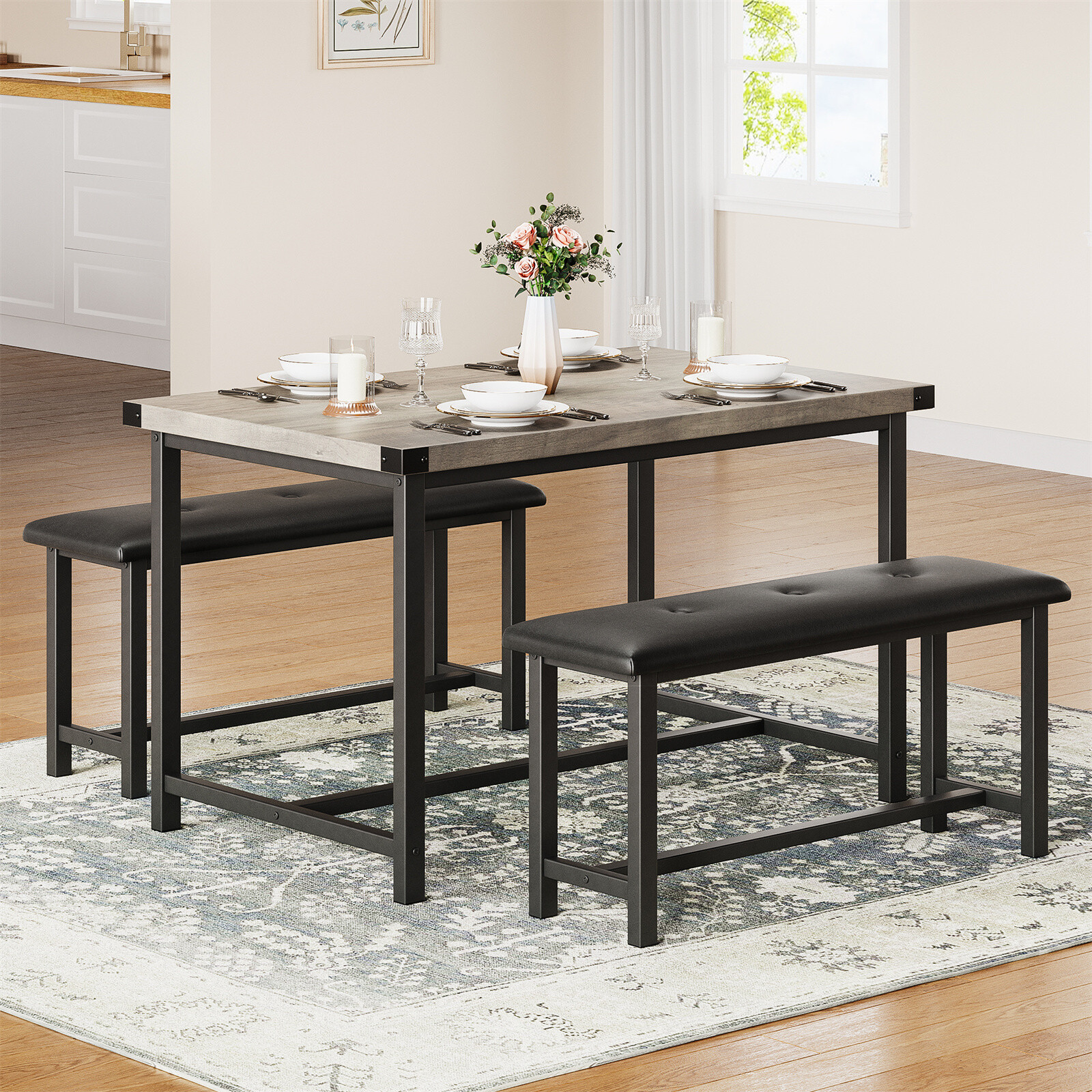 Dining Table Set for 4 w/ Upholstered Benches Rectangular Dining Table for Home