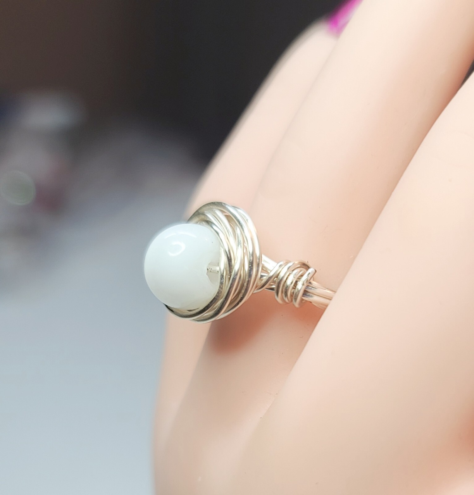 Handmade Wire Wrapped Ring White. Cat Eye Bead Size 7.