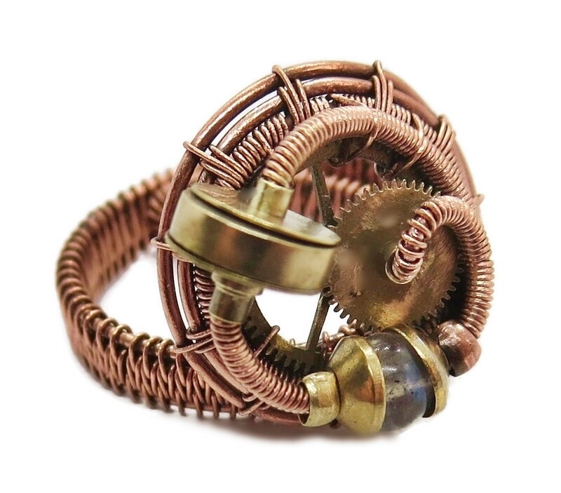 Adjustable Labradorite Steampunk Ring in Copper and Brass