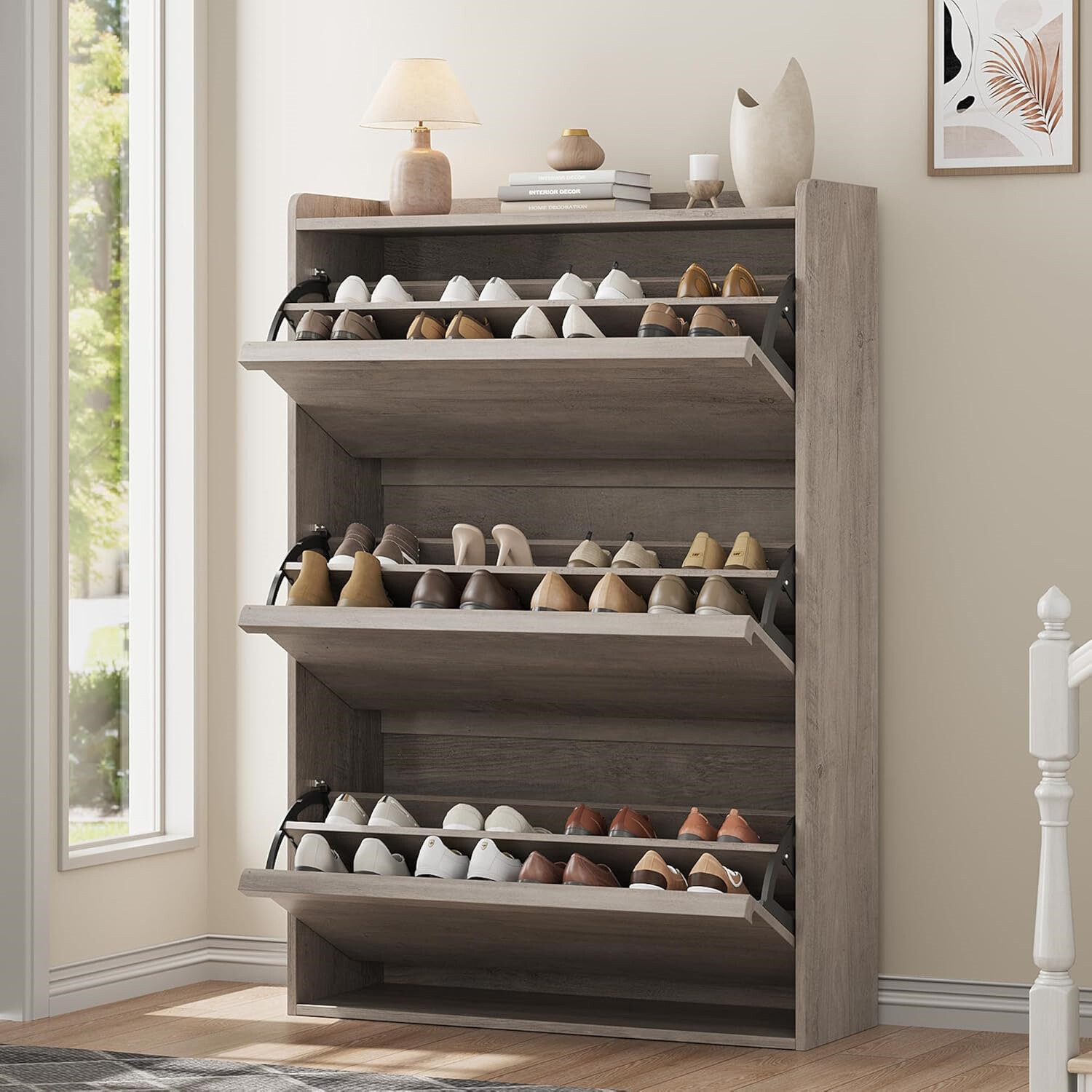 ️Wooden Shoe Organizer Cabinet with Adjustable Shelf Hidden Shoe Rack for Hallw