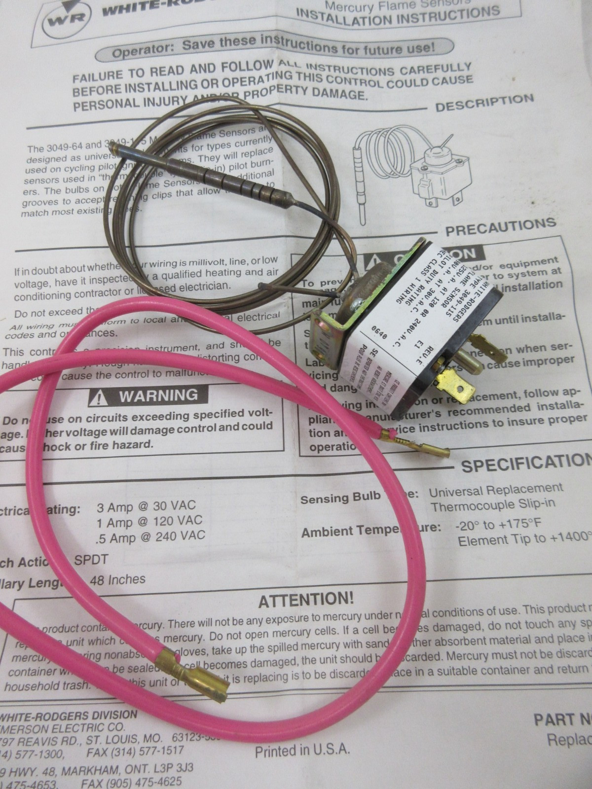 WHITE RODGERS 3049-115 AUTOMATIC PILOT FLAME SENSOR 48", 2 SPADE 1 PIN TERMINALS