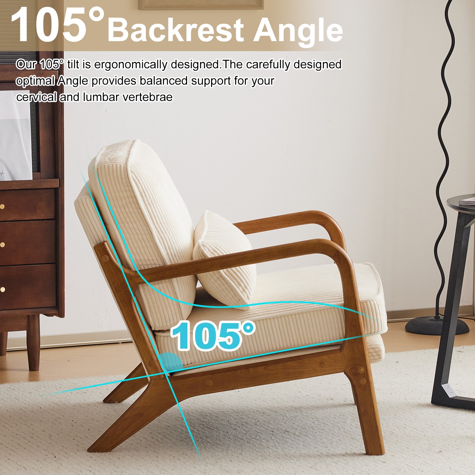 Off-White Corduroy Upholstered Indoor Lounge Chair (330LBS Weight Capacity)