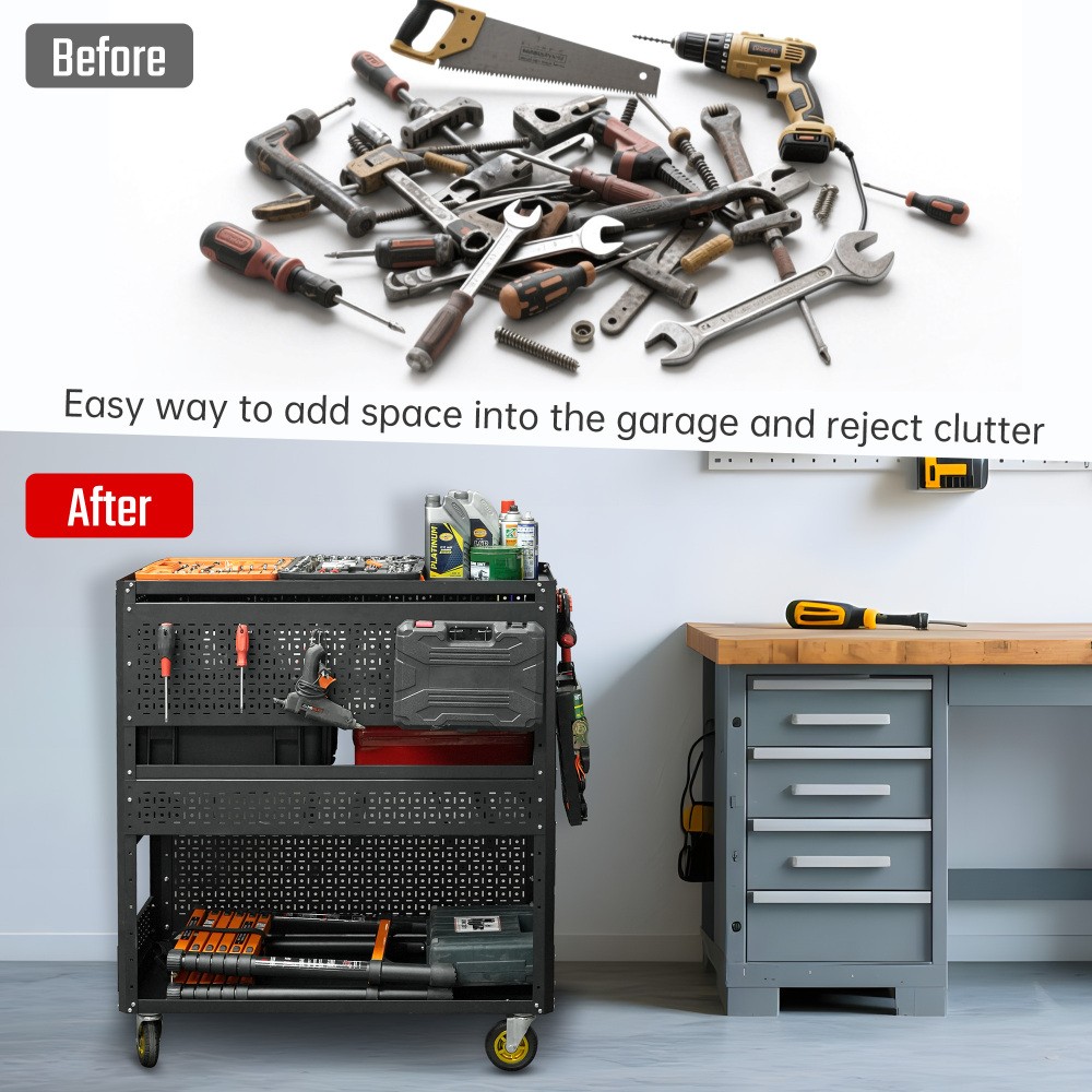 500-Lb Pegboard Foldable Rolling Tool Cart +Wheels Garage Organizer Tool Storage