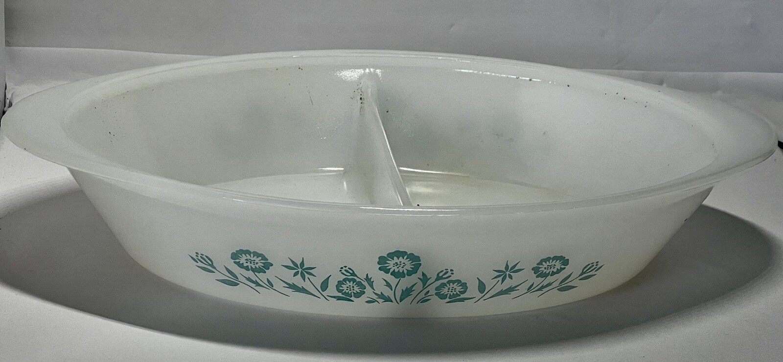 Vintage Glasbake Divided Dish J2352  Blue Floral Excellent Used Condition 12”L