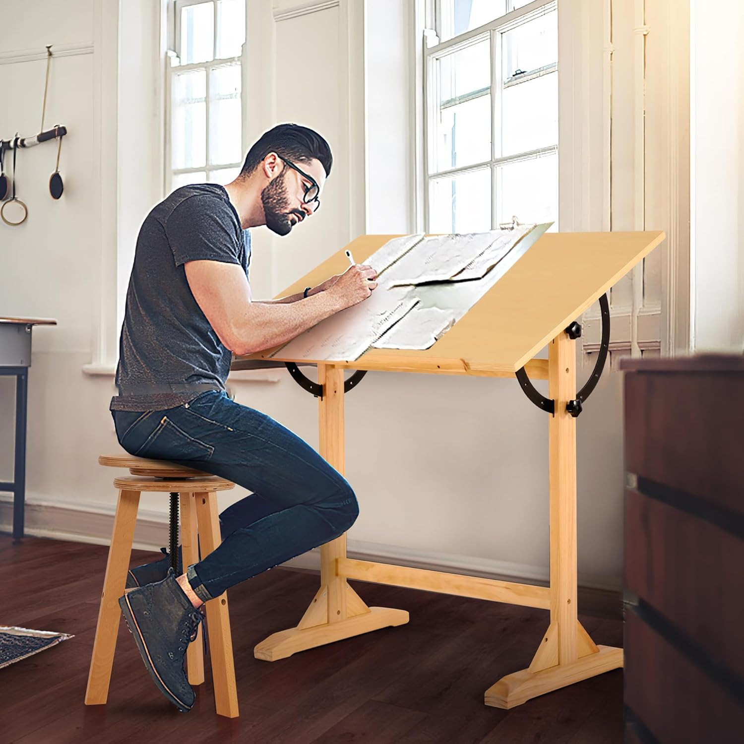 Wood Drafting Table for Adults, 24'' X 35" Drawing Table with Adjustable Angl...