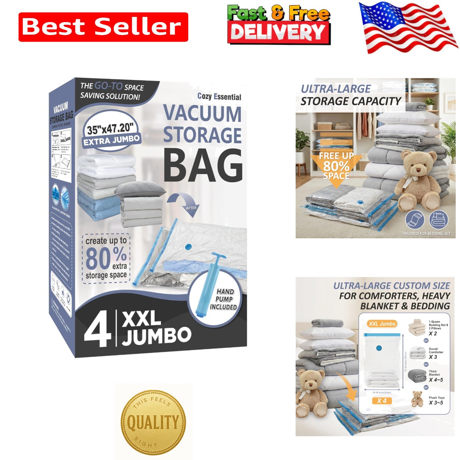 Reusable Vacuum Seal Bags - 80% Space Saver with Hand Pump, 4 Extra Large Packs