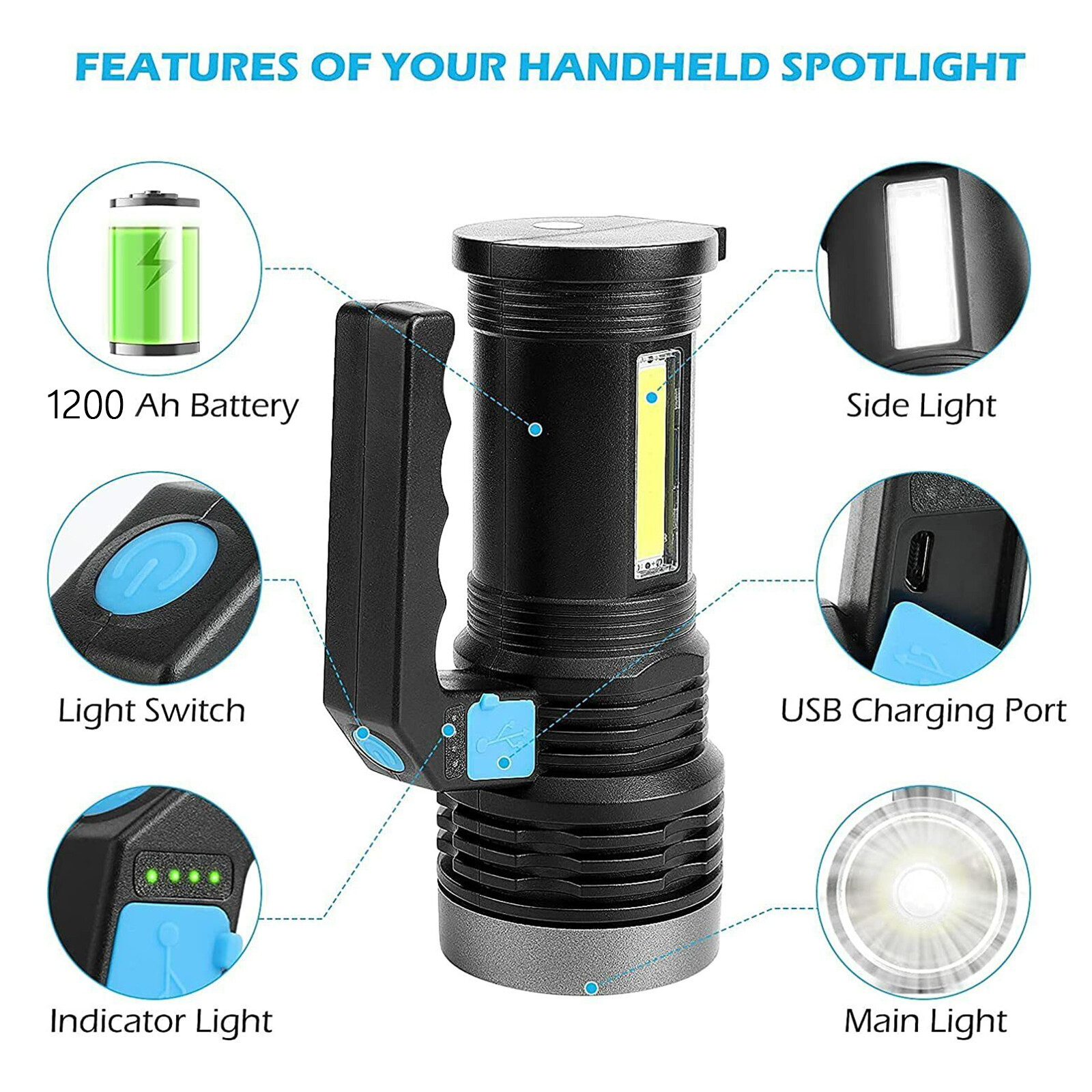 High Powered Ultra Bright LED Torch Rechargeable Security Flashlight Side Light
