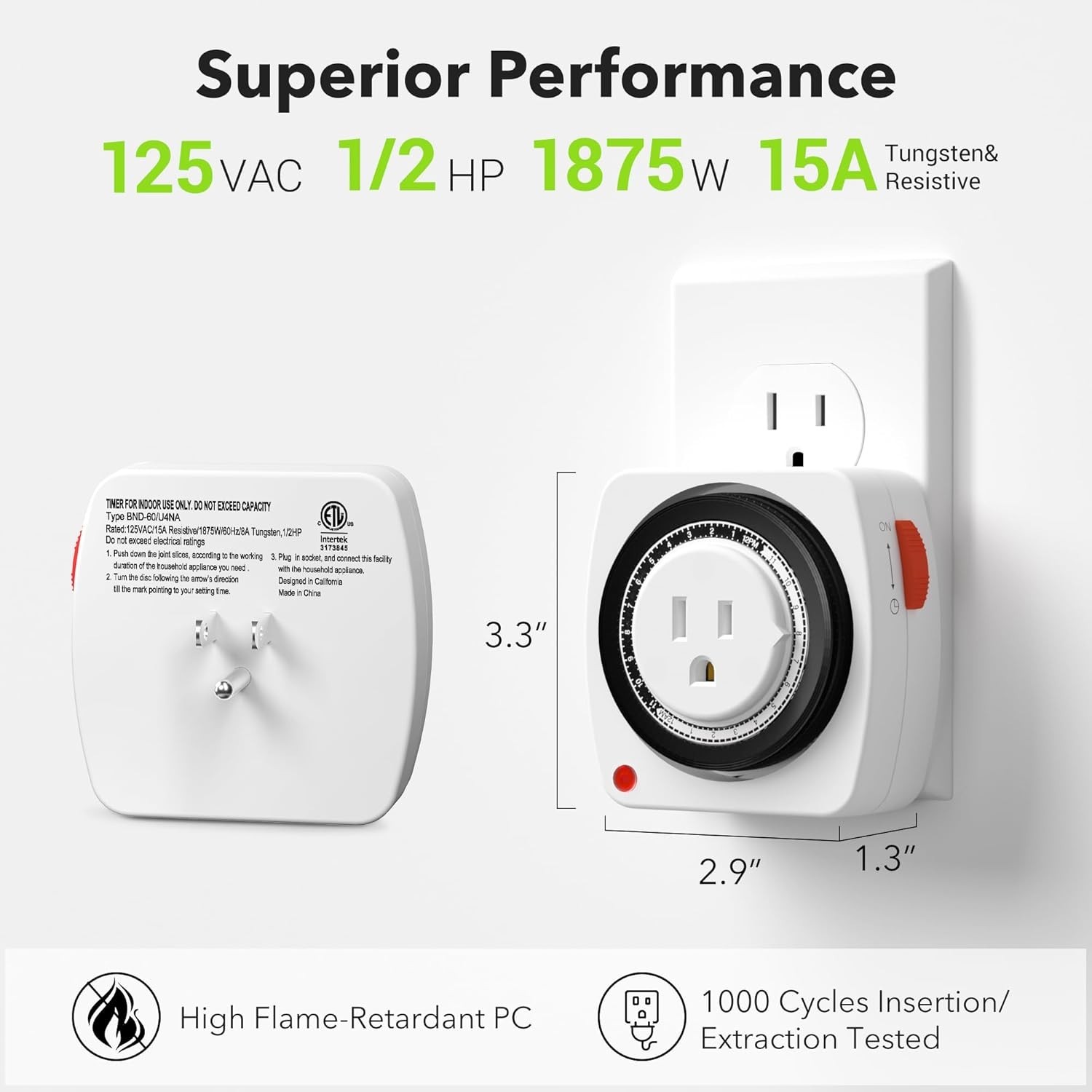 Outlet Timer Indoor, 24-Hour Heavy Duty Mechanical Light Timer with 15-Minute...