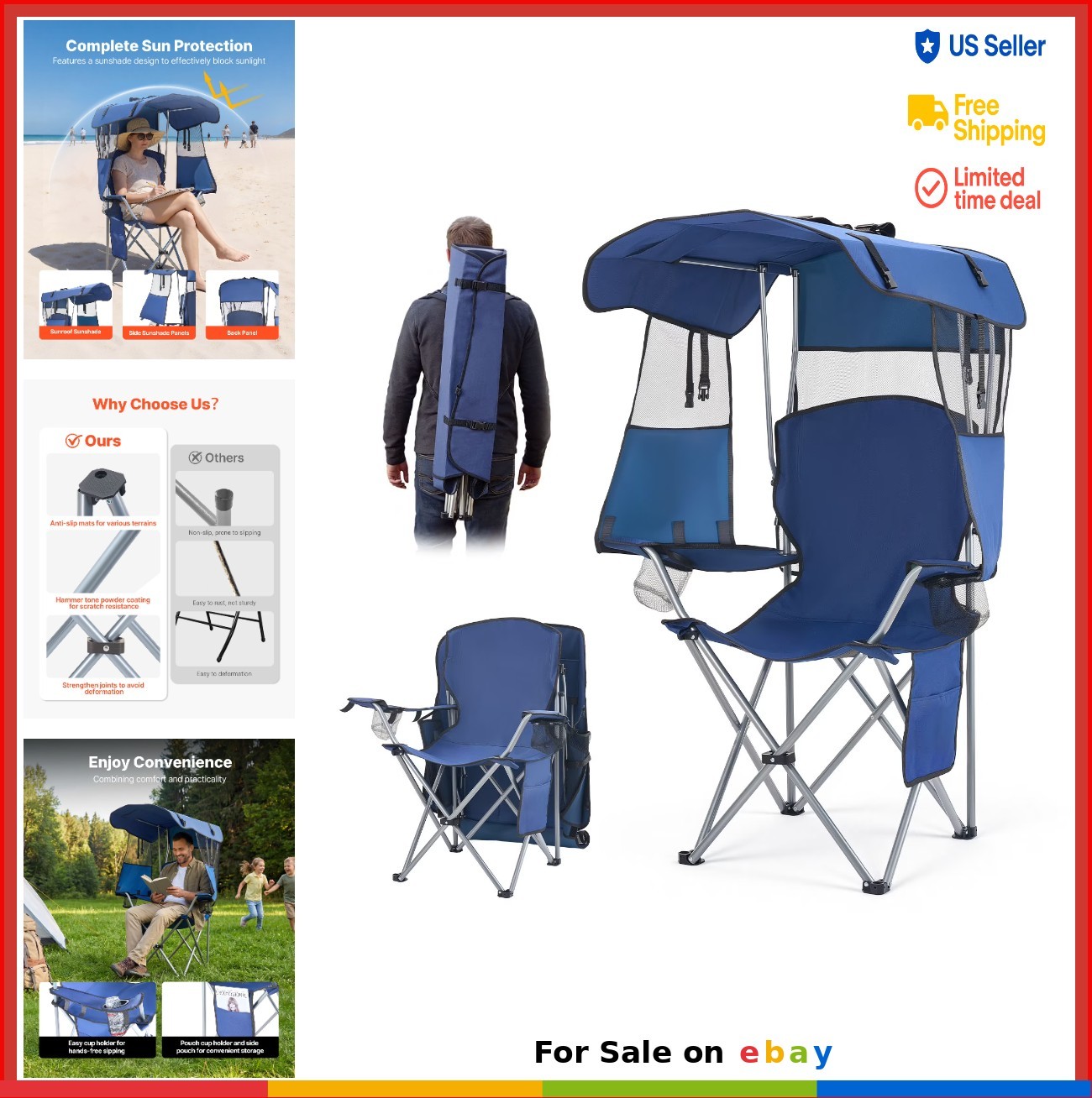 Folding Camping Chair with Canopy Shade 330 lbs Capacity Cup Holders Storage