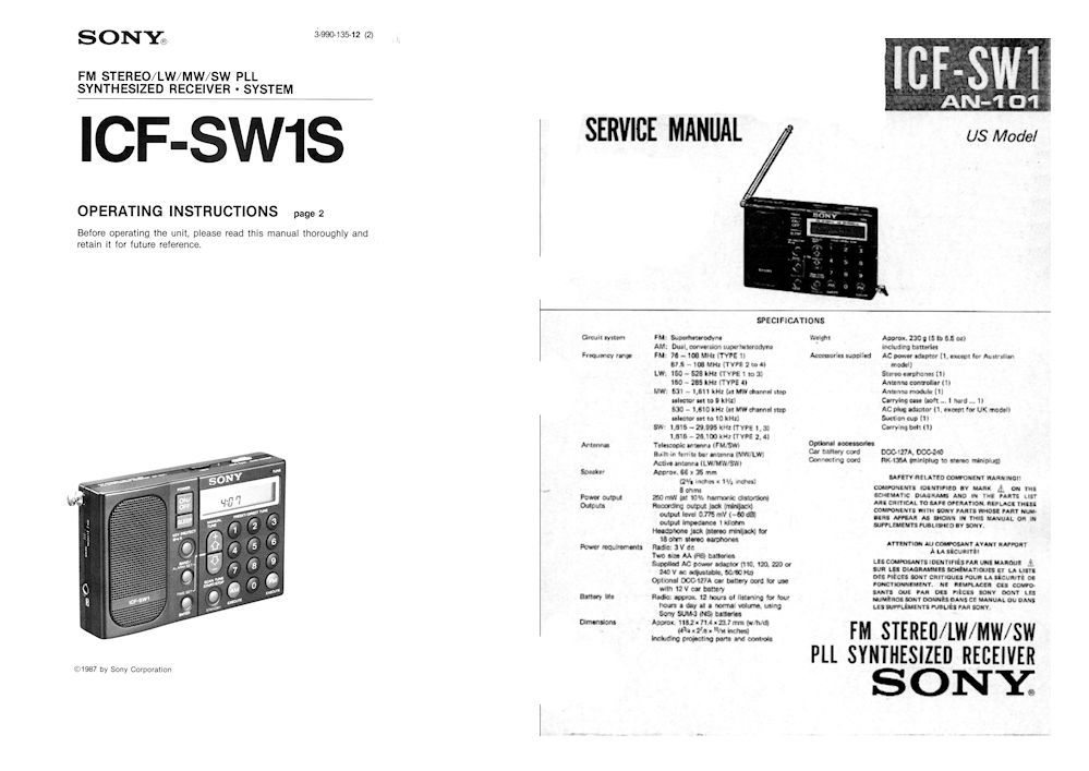 SONY ICF-SW1 OPERATING INSTRUCTIONS and SERVICE MANUAL - ENGLISH