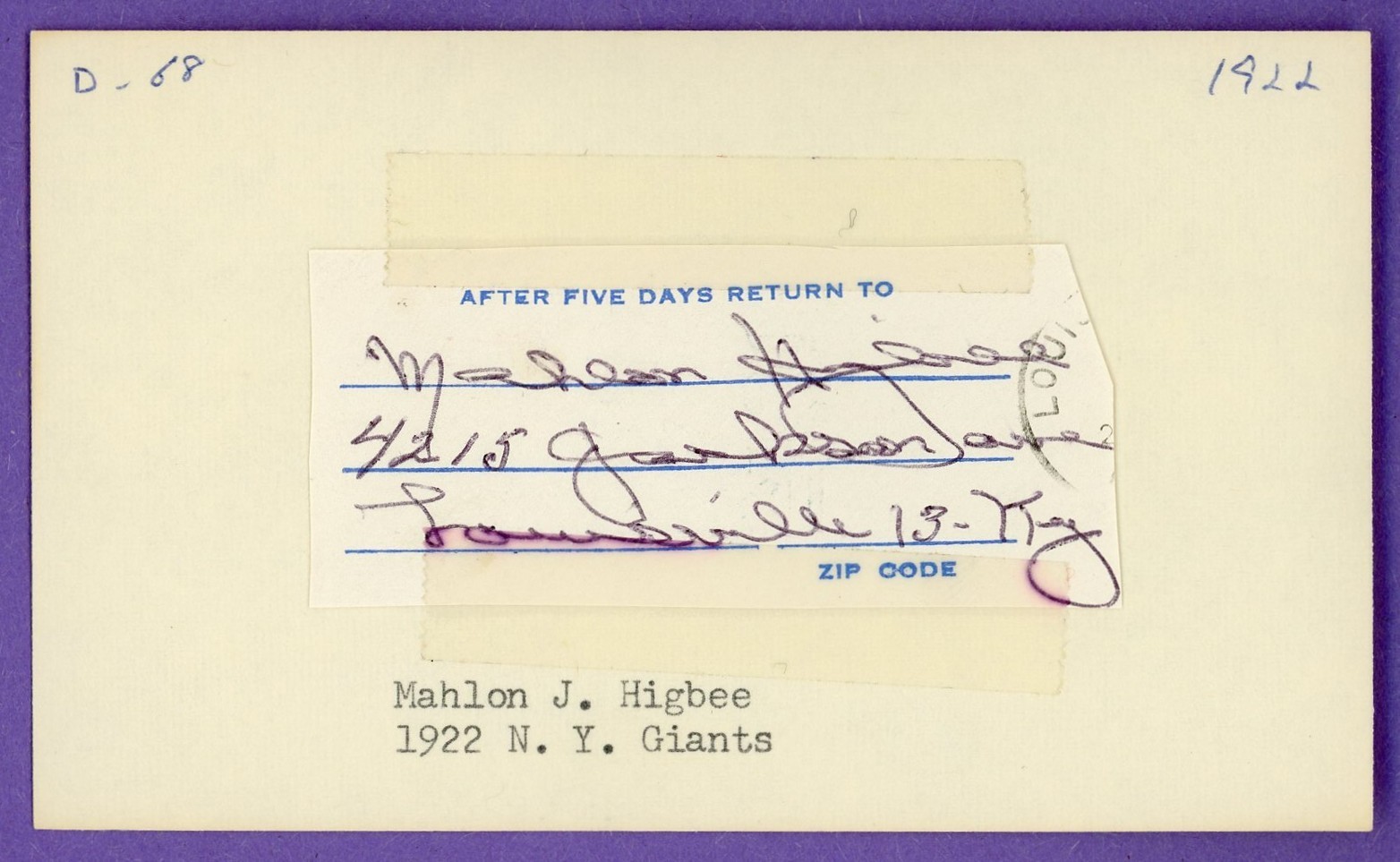 Mahlon Higbee 1922 New York Giants Cut Signature (Dec'd 1968)