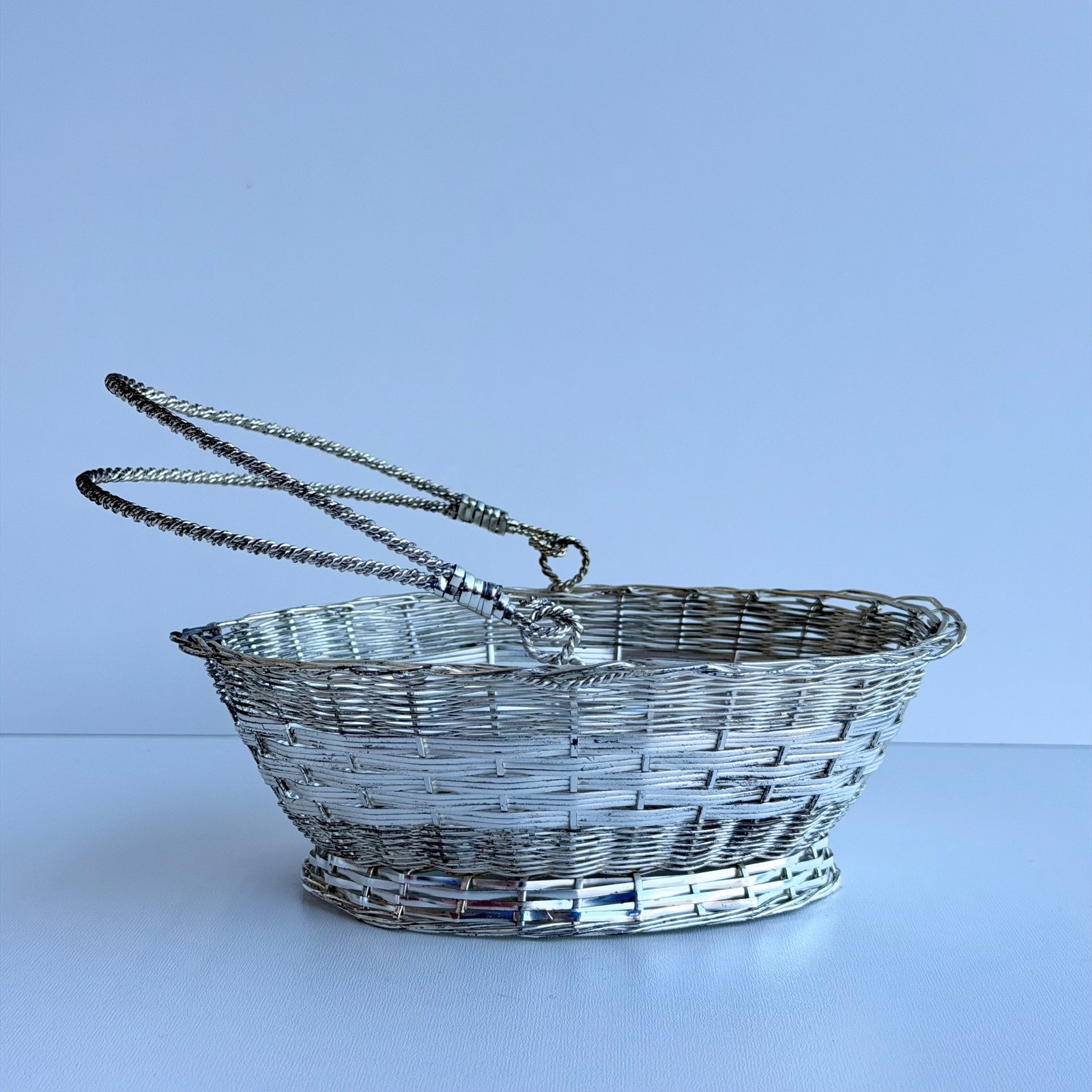 Vintage Wire Metal Basket Silver Small With Handle Easter