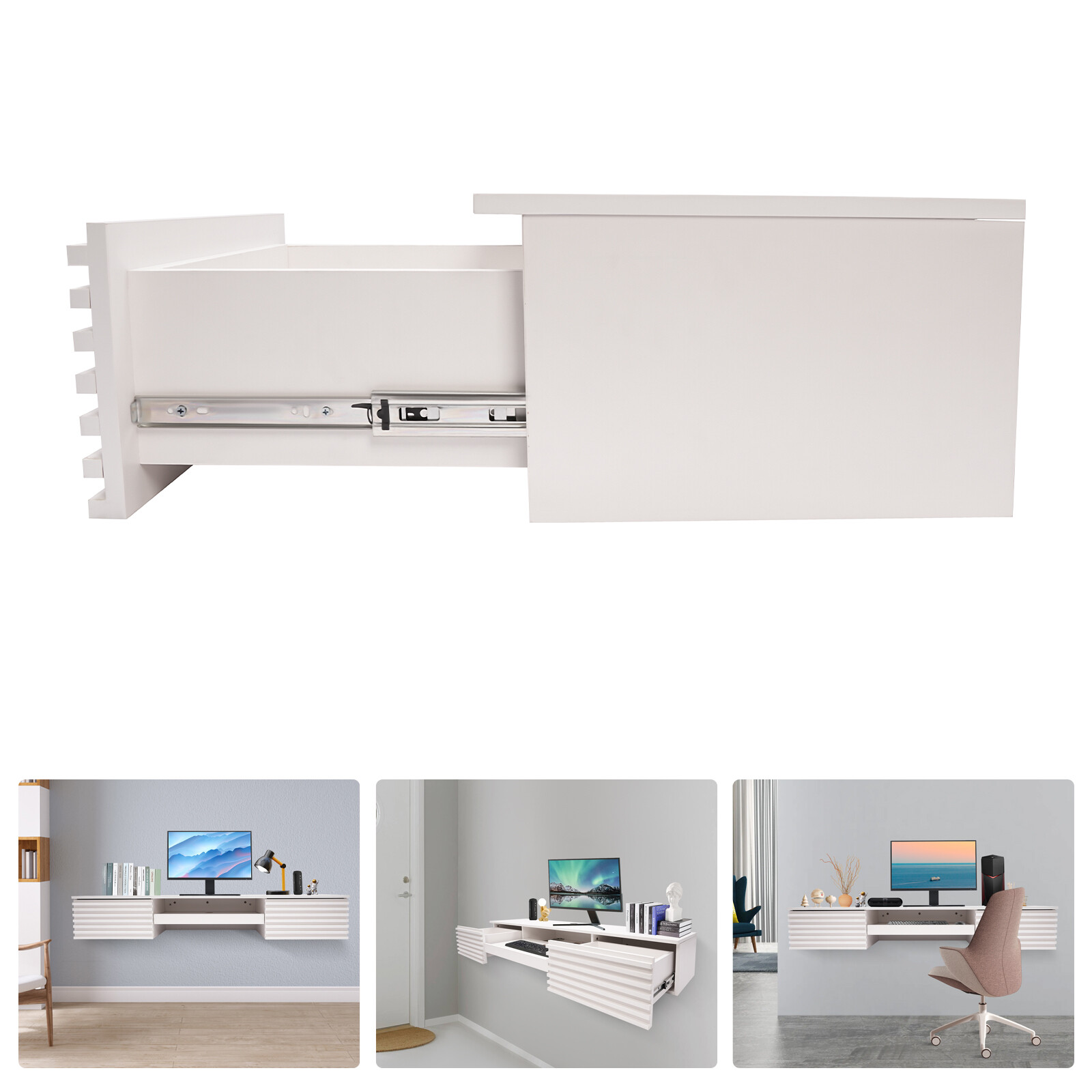 White Floating Wall Mounted Desk with Pull Out Drawer Wall Organizer 120lbs