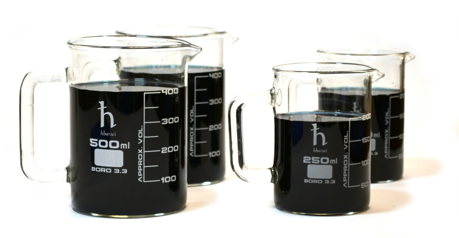 Beaker Mugs, Borosilicate, (2) 500mL Capacity and (2) 250mL Capacity
