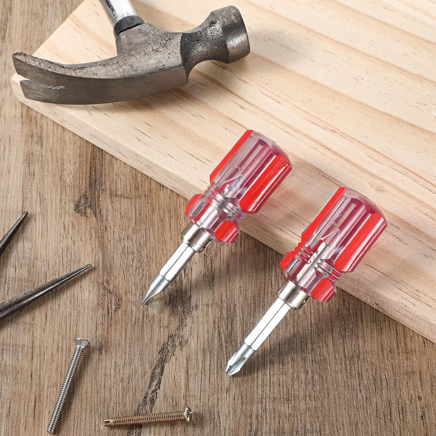 2 Pack Stubby Screwdriver Phillips and Flat Head Dual-Use Magnetic Short Red