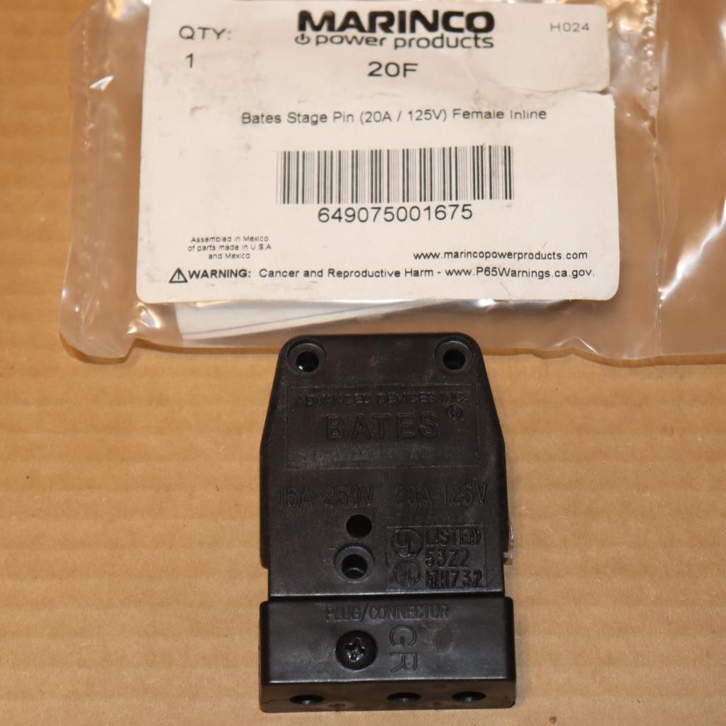 One Marinco Power Products 20F Bates Stage Pin (20A/125V) Female Inline Plug End