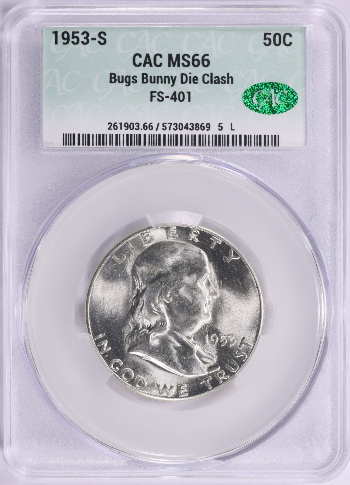 1953-S Franklin Silver Half Dollar CACG MS-66 Bugs Bunny FS-401 Variety