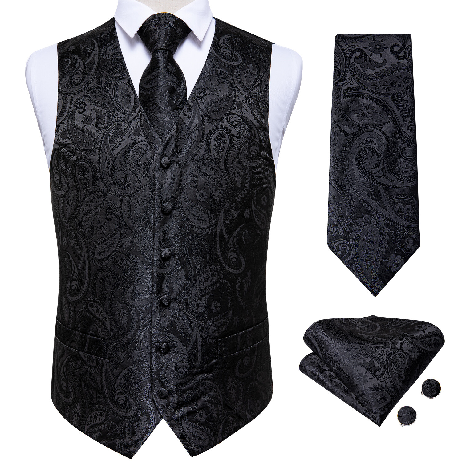 S-5XL Mens Waistcoat Black Paisley Vest Tie Hankie Cufflinks Wedding Formal