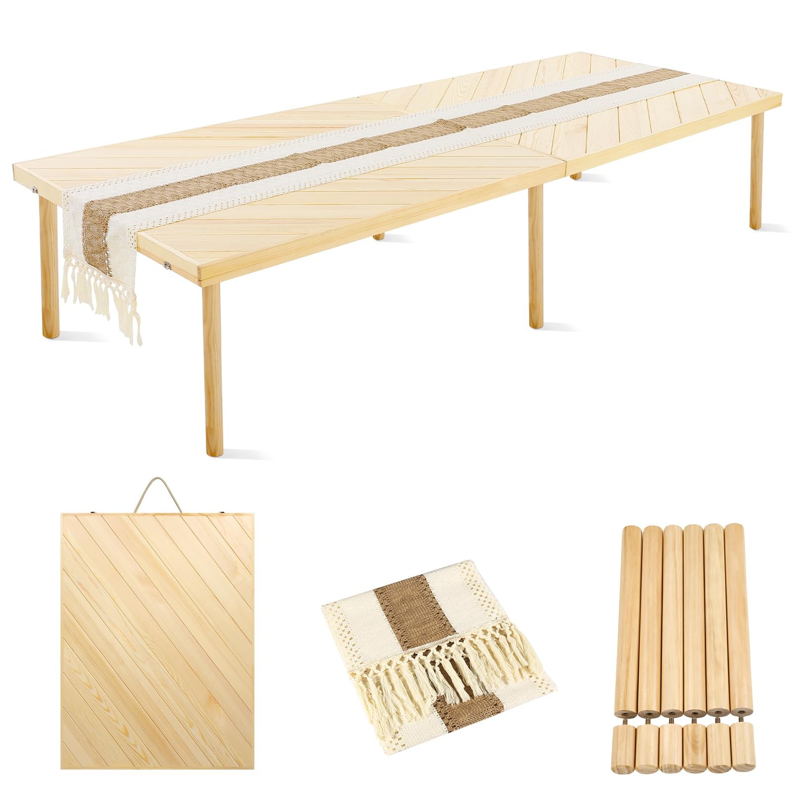 Folding Picnic Table 80" Portable Boho Wood Adjustable Height Camping