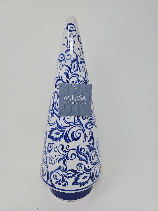 Mikasa Blue & White Ceramic Daisy Chinoiserie Christmas Tree Figurine 12”, NWT
