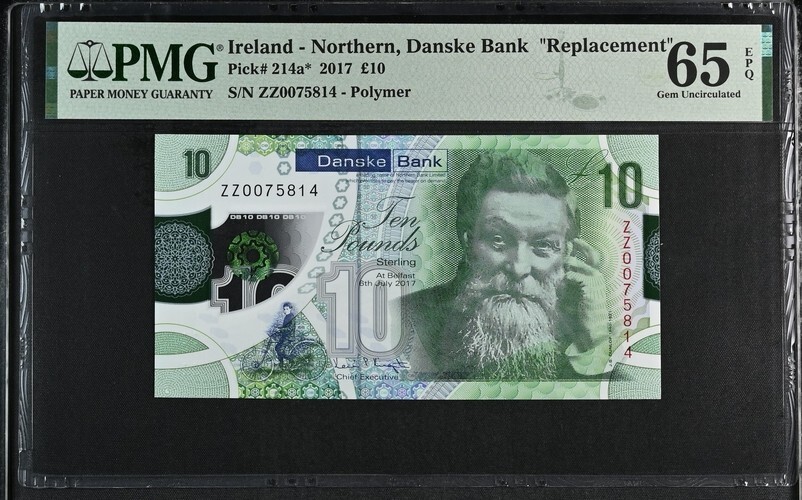 Northern Ireland 10 Pounds 2017 P124a* UNC - Polymer / Replacement ZZ / PMG 65