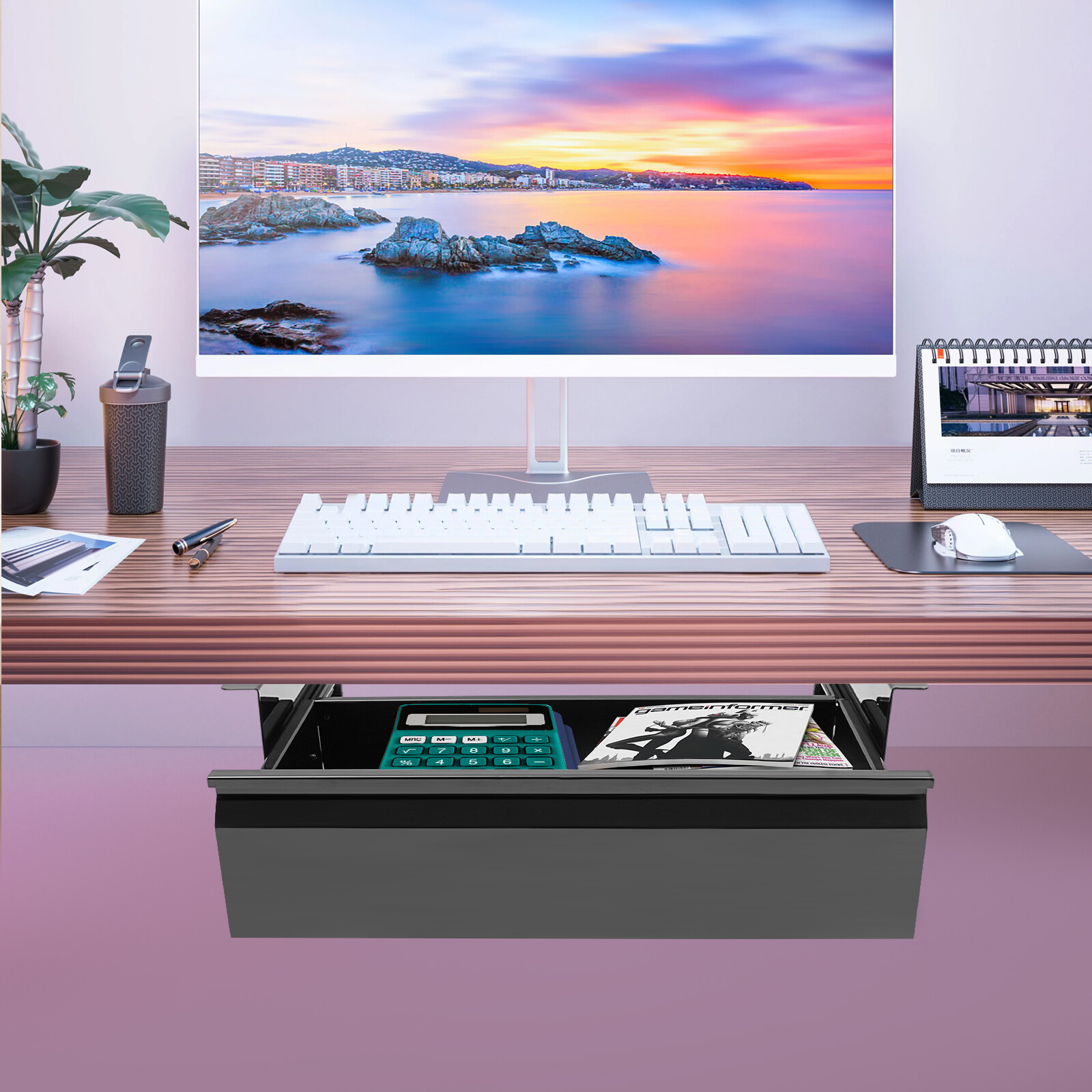 Under Desk Mounted Sliding Pull-out Storage Drawer with Built-in Power Strip
